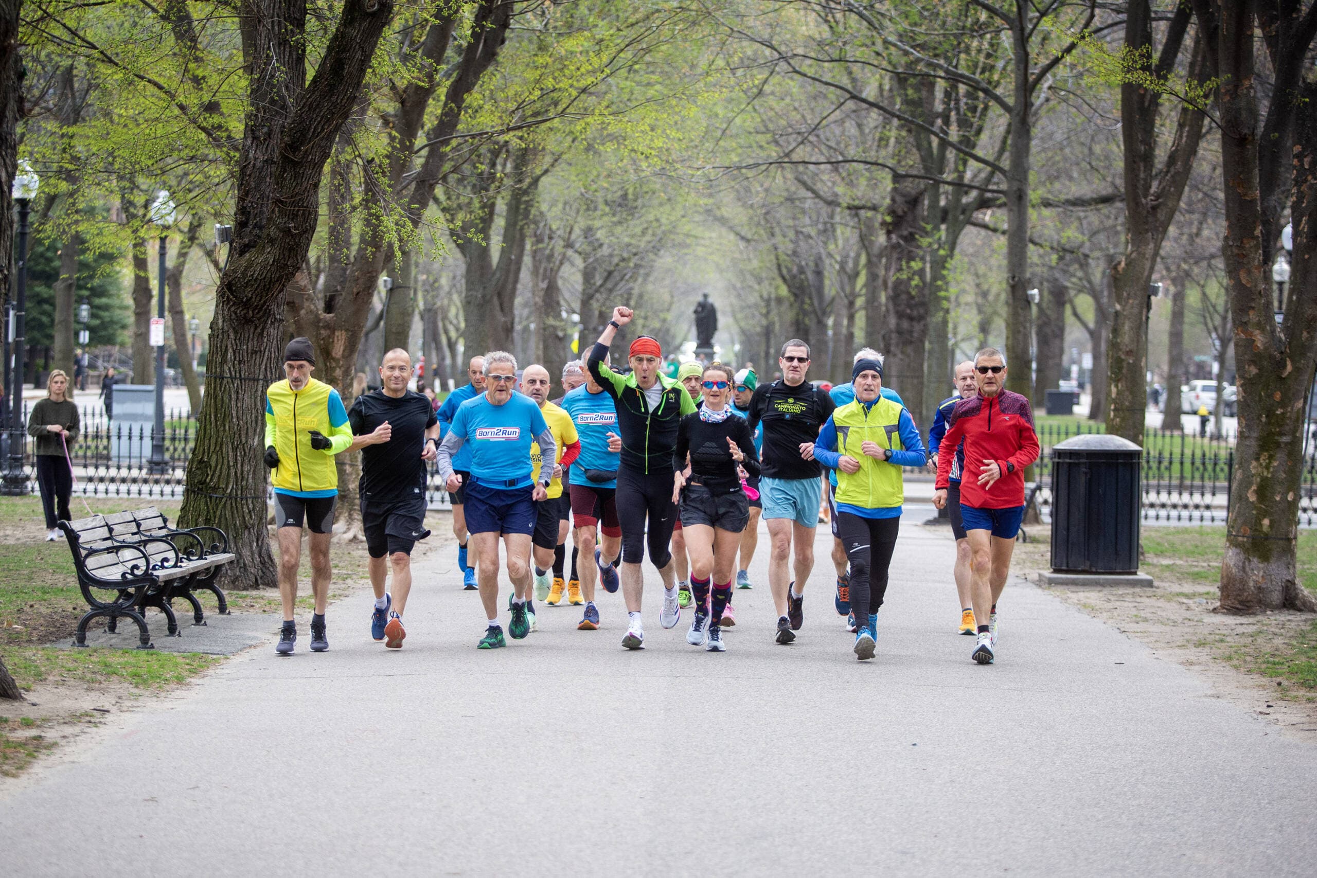 On marathon weekend in Boston, a group of runners gets out for an early morning run along Commonwealth Avenue. (Robin Lubbock/WBUR)