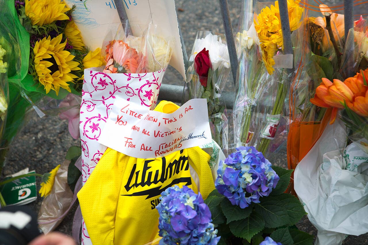The memorial set up on Clarendon and Boylston Streets after the 2013 Boston Marathon bombing. (Jesse Costa/WBUR)