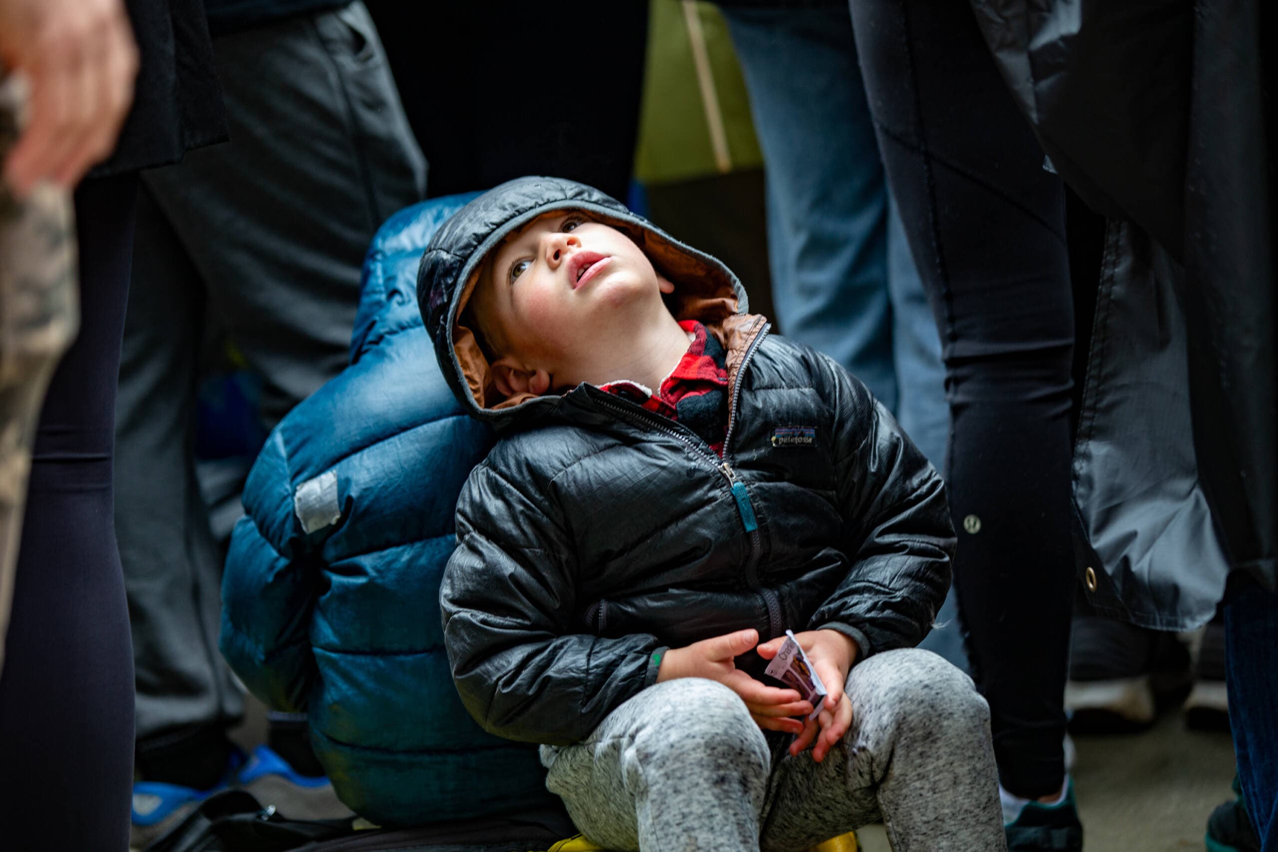 A young spectator awaits the runners on Boylston Street. (Jesse Costa/WBUR)