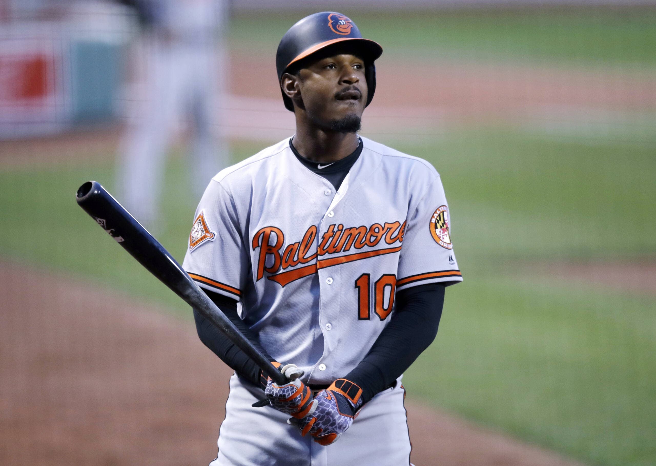Baltimore Orioles' Adam Jones at a baseball game against the Red Sox at Fenway Park in Boston in 2017. Jones says the widely condemned racial insult hurled at him at there illustrates the need for dialogue about race and for fans to hold each other accountable. (Charles Krupa/AP)