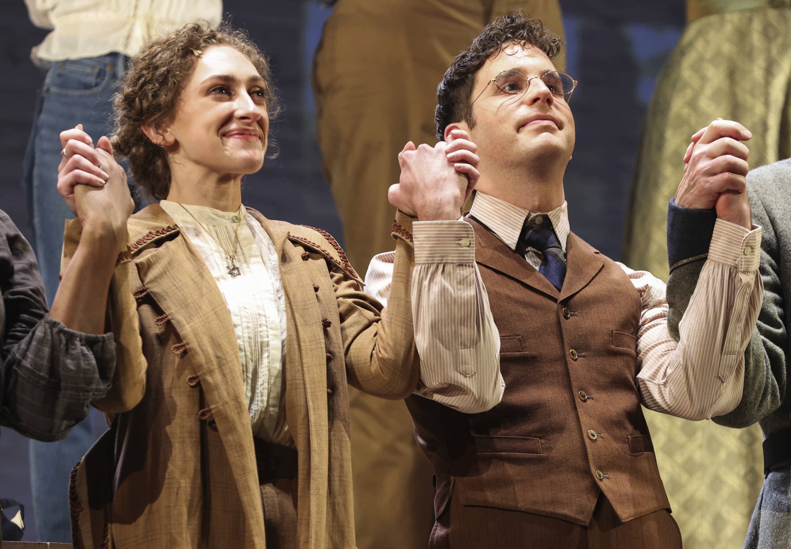 Micaela Diamond and Ben Platt participate in the curtain call during the Broadway opening night for "Parade." (CJ Rivera/Invision/AP)