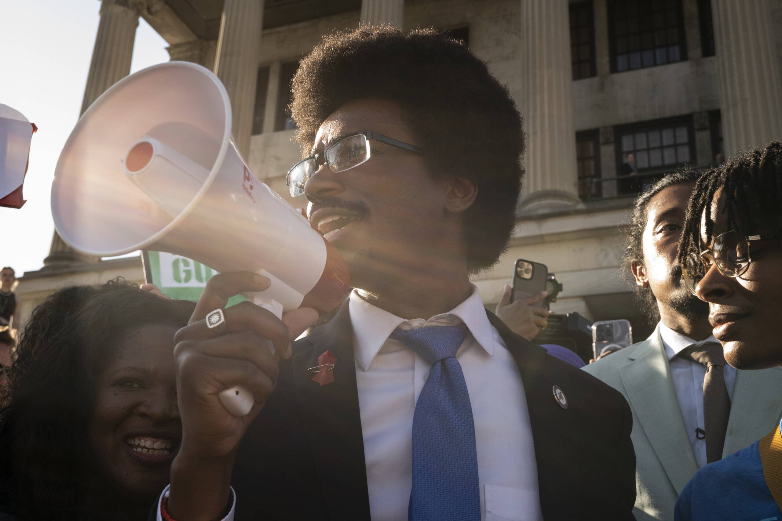 Expelled State Rep. Justin Pearson, D-Memphis, delivers remarks outside the state Capitol. (George Walker IV/AP)