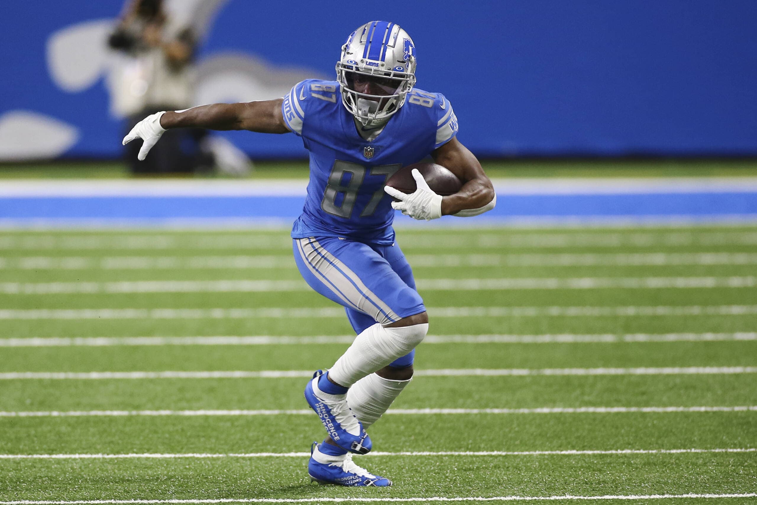Detroit Lions wide receiver Quintez Cephus runs during the first half of an NFL football game against the Green Bay Packers, Sunday, Dec. 13, 2020, in Detroit. The NFL has suspended five players for violating the league’s gambling policy on Friday, April 21, 2023. Detroit Lions wide receiver Quintez Cephus and safety C.J. Moore and Washington Commanders defensive end Shaka Toney were suspended indefinitely, while Lions wide receivers Stanley Berryhill and Jameson Williams have been suspended six games. (Leon Halip/AP)