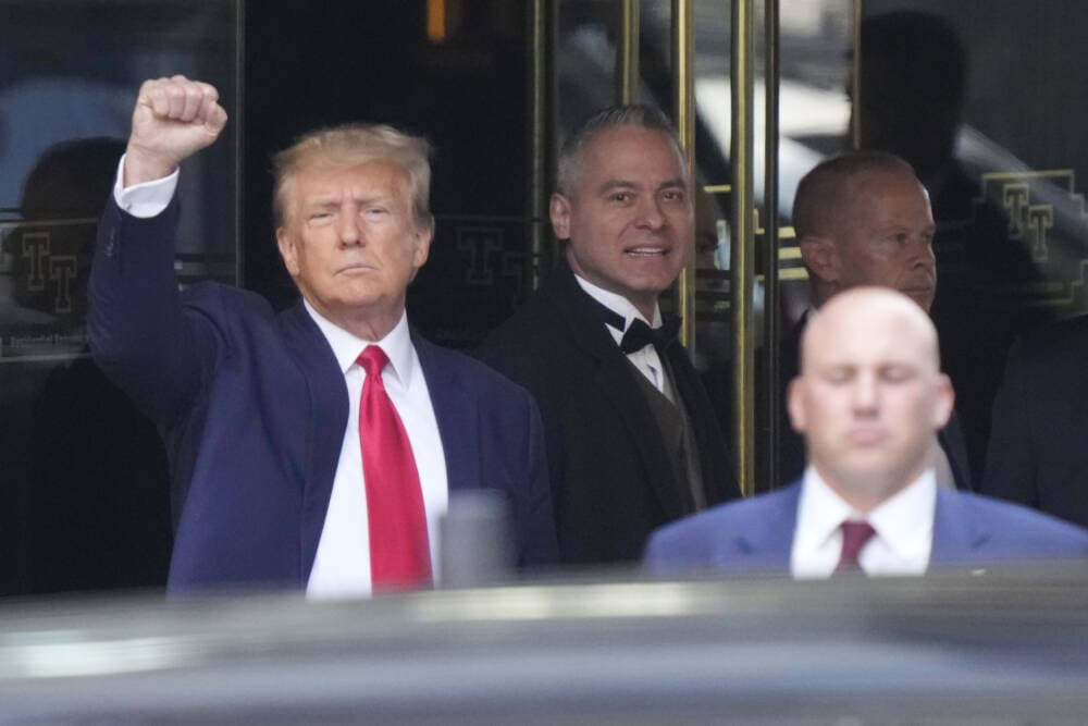Former President Donald Trump leaving Trump Tower in New York on Tuesday, April 4, 2023. He was set to surrender in Manhattan to face criminal charges stemming from 2016 hush money payments. (Bryan Woolston/AP)