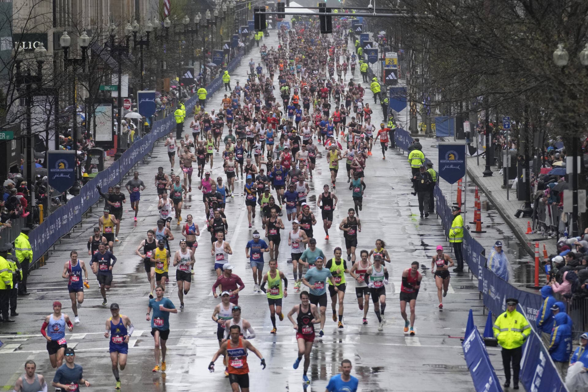 Athletes approach the finish line of the Boston Marathon, Monday, April 17, 2023, in Boston. (Charles Krupa/AP)
