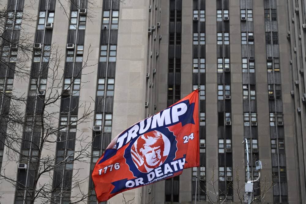 A supporter of former President Donald Trump holds a flag outside the Manhattan District Attorney's office in New York City on April April 4, 2023. (Andrew Caballero-Reynolds)