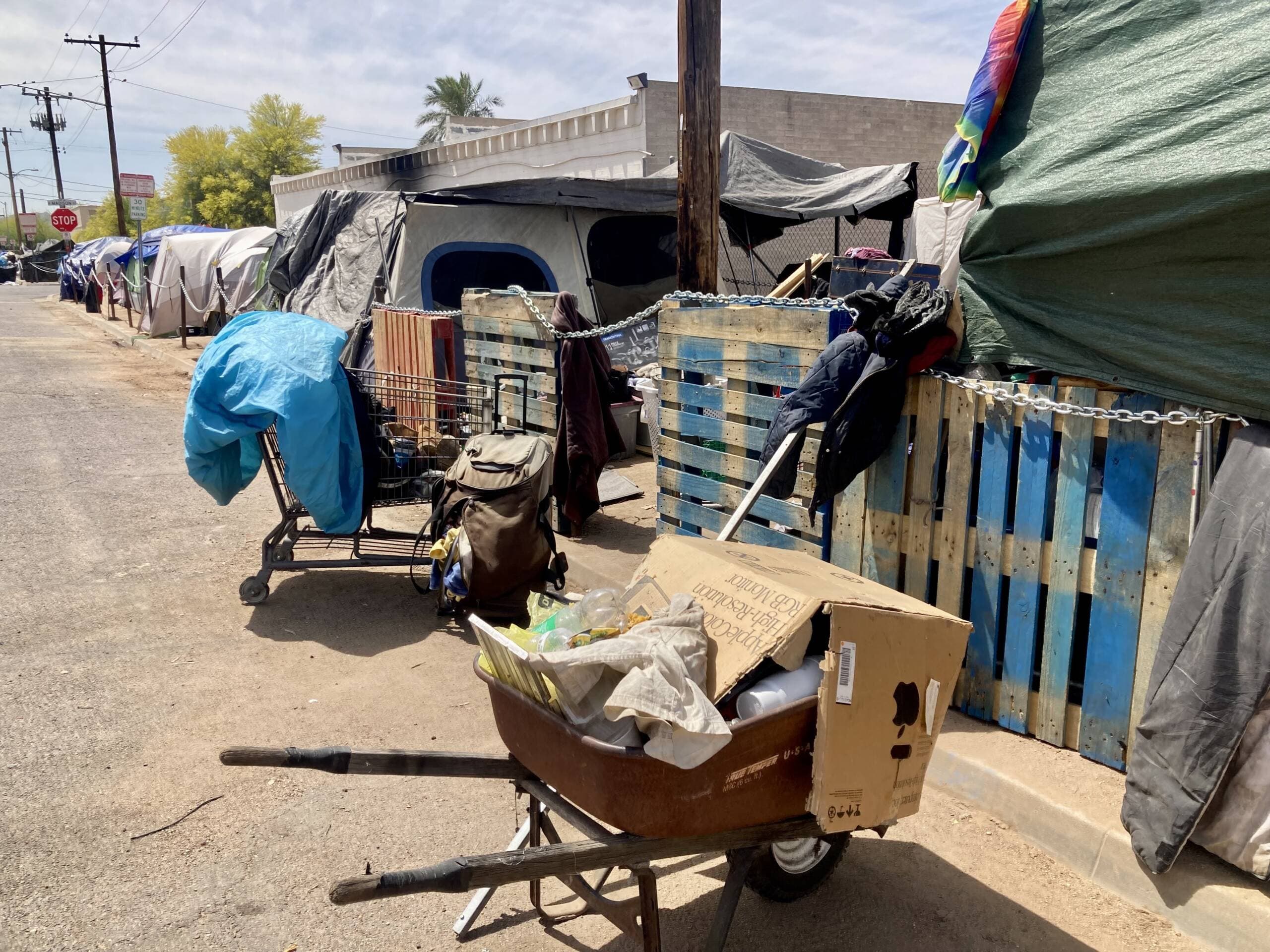 The homeless encampment known as "the Zone" in downtown Phoenix has grown exponentially in recent years. A judge ordered the site to be cleaned up by July. (Peter O'Dowd/Here &amp; Now)