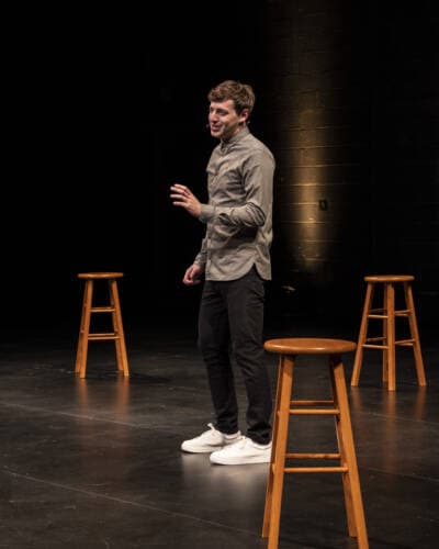 Alex Edelman stages a meeting between him and a group of white supremacists in "Just for Us" at the Calderwood Plaza. (Courtesy Teresa Castracane)