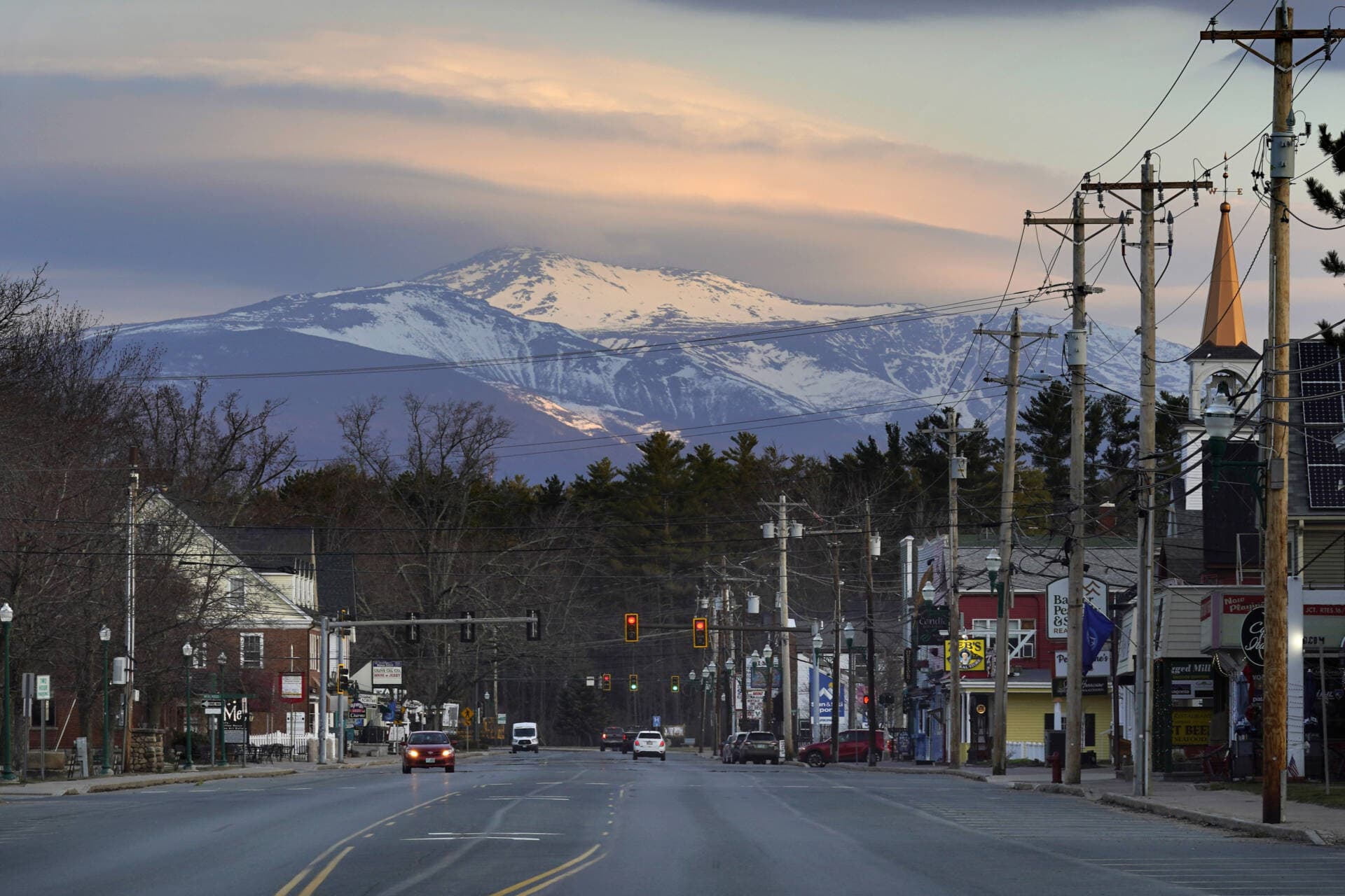 Mount Washington dominates the scene in this view of the business district in the village of North Conway, N.H., April 13. (Robert F. Bukaty/AP)