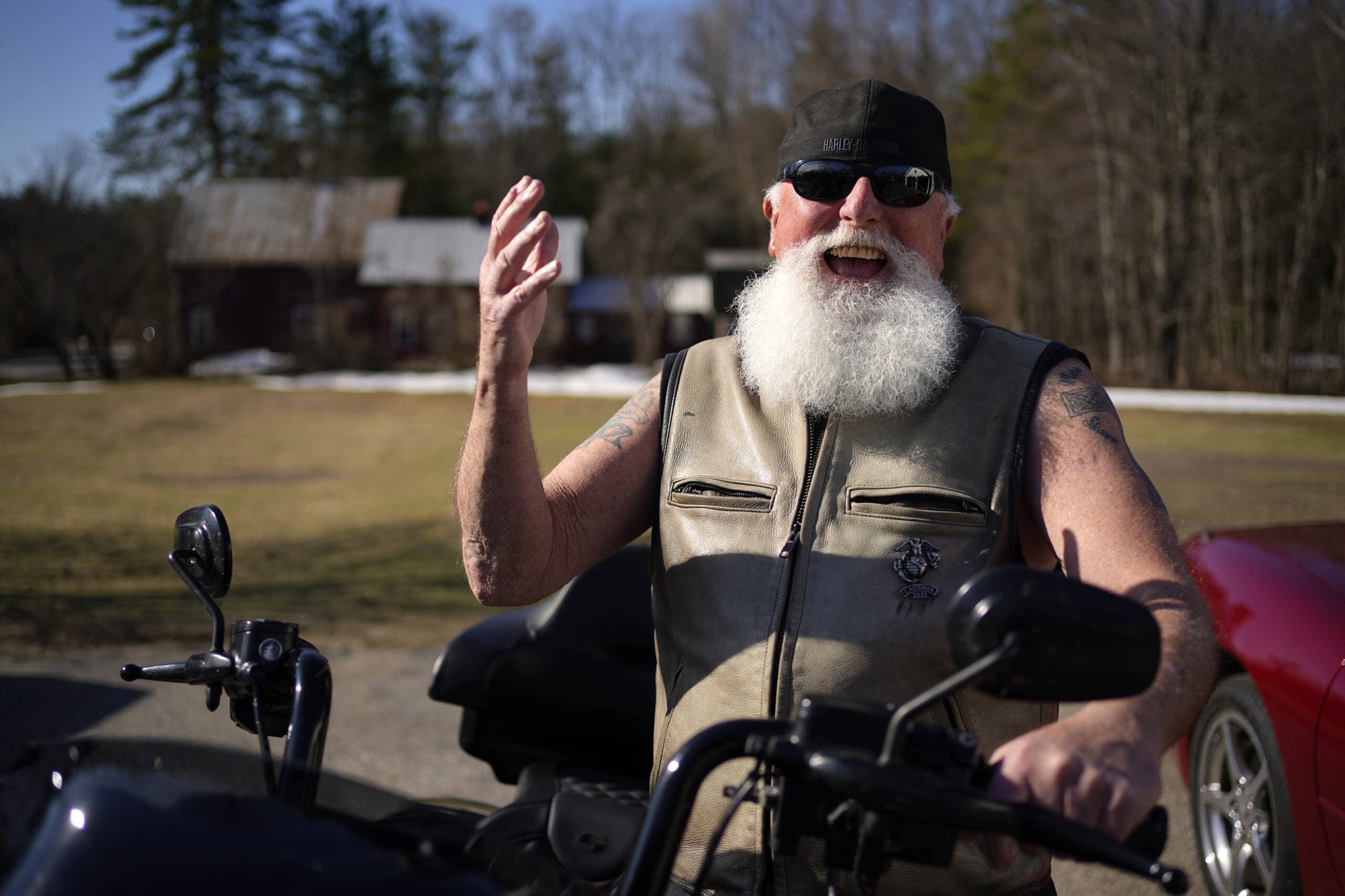 Steve Downing speaks with a reporter in Conway, N.H., April 13, 2023. The Vietnam veteran supports a local bakery in its fight with the town to keep a student-painted mural on top of its building. (Robert F. Bukaty/AP)