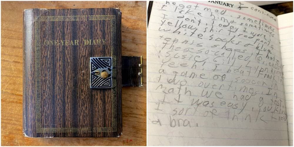The cover of the author's sixth grade diary (on the left), and a page from that diary (on the right). Eleven-year-old Sharon Brody writes, "I sort of think I need a bra." (Courtesy Sharon Brody)