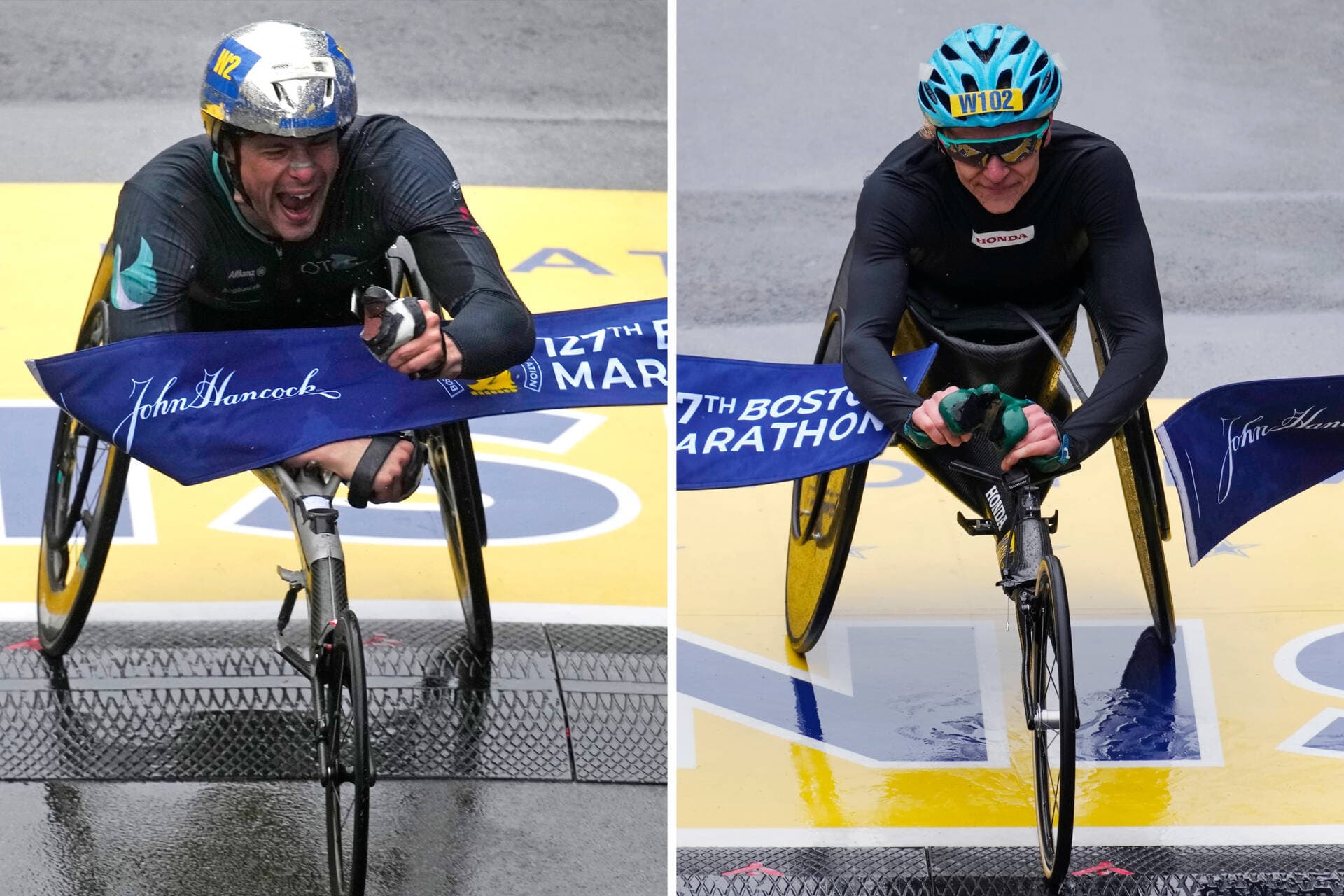 A composite image of Marcel Hug, left, and Susannah Scaroni crossing the finish line in the 127th Boston Marathon. (Charles Krupa/AP)