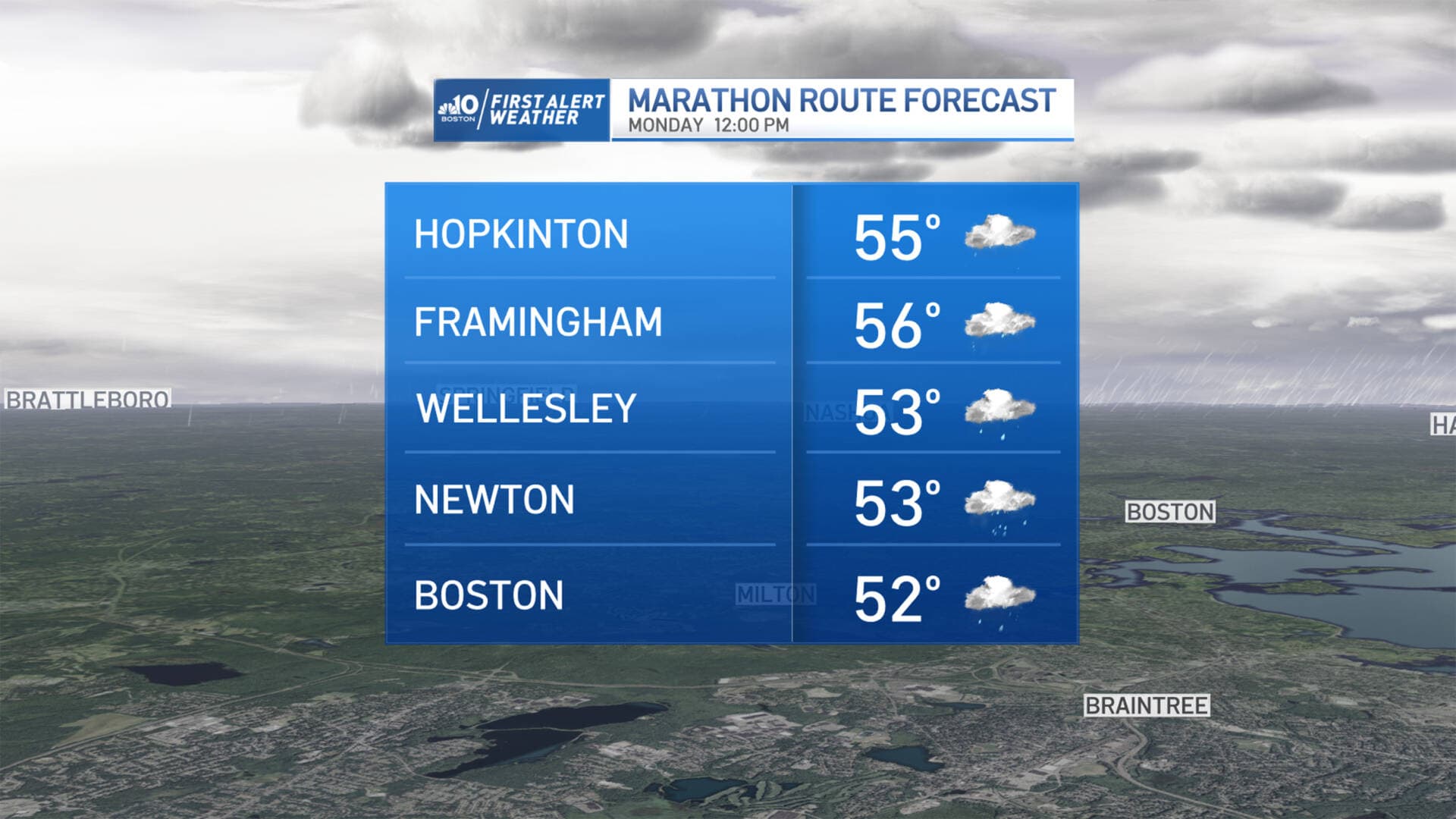 Temperatures expected during the Boston Marathon. (Graphic courtesy NBC Boston)