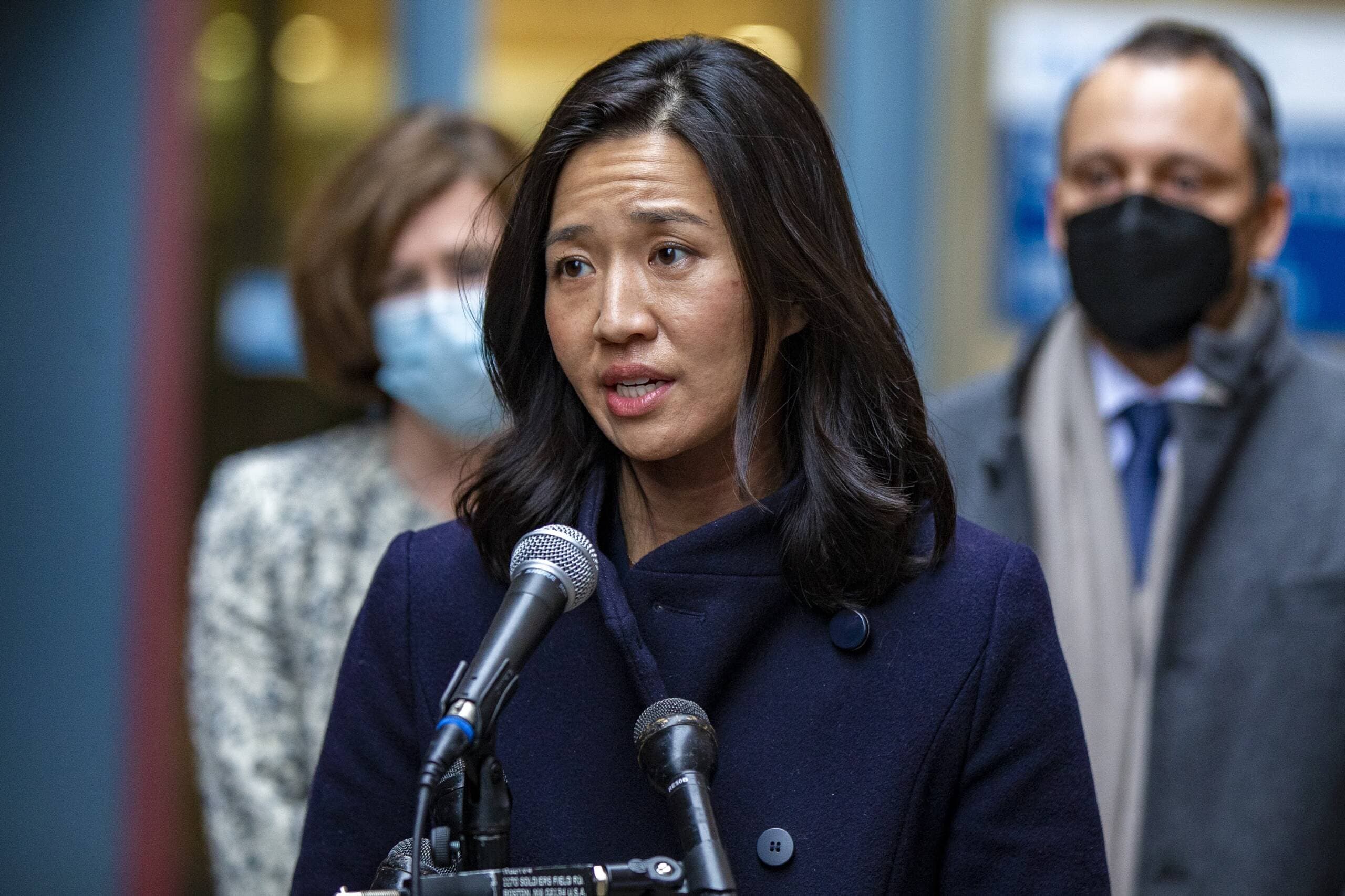 After a tour of Tufts Medical Center, Mayor Michelle Wu meets with the news media to discauss how the recent omicron variant surge is impacting hospital workers, and how the City’s B-Together initiative will aim to relieve the burden on medical workers, businesses and residents by increasing vaccination rates, and slowing the spread of the Omicron variant through requiring vaccination in select indoor spaces. (Jesse Costa/WBUR)