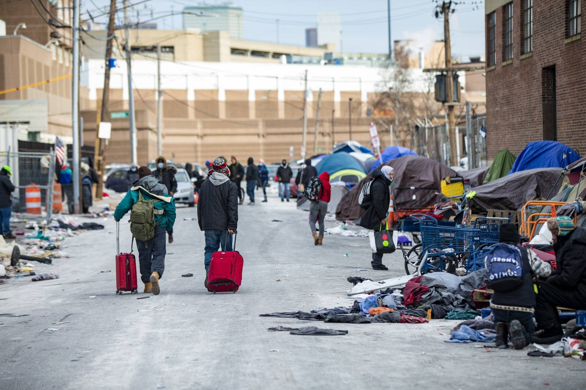 A tent encampment on Atkinson Street, near "Mass. and Cass" in January 2022 (Jesse Costa/WBUR)