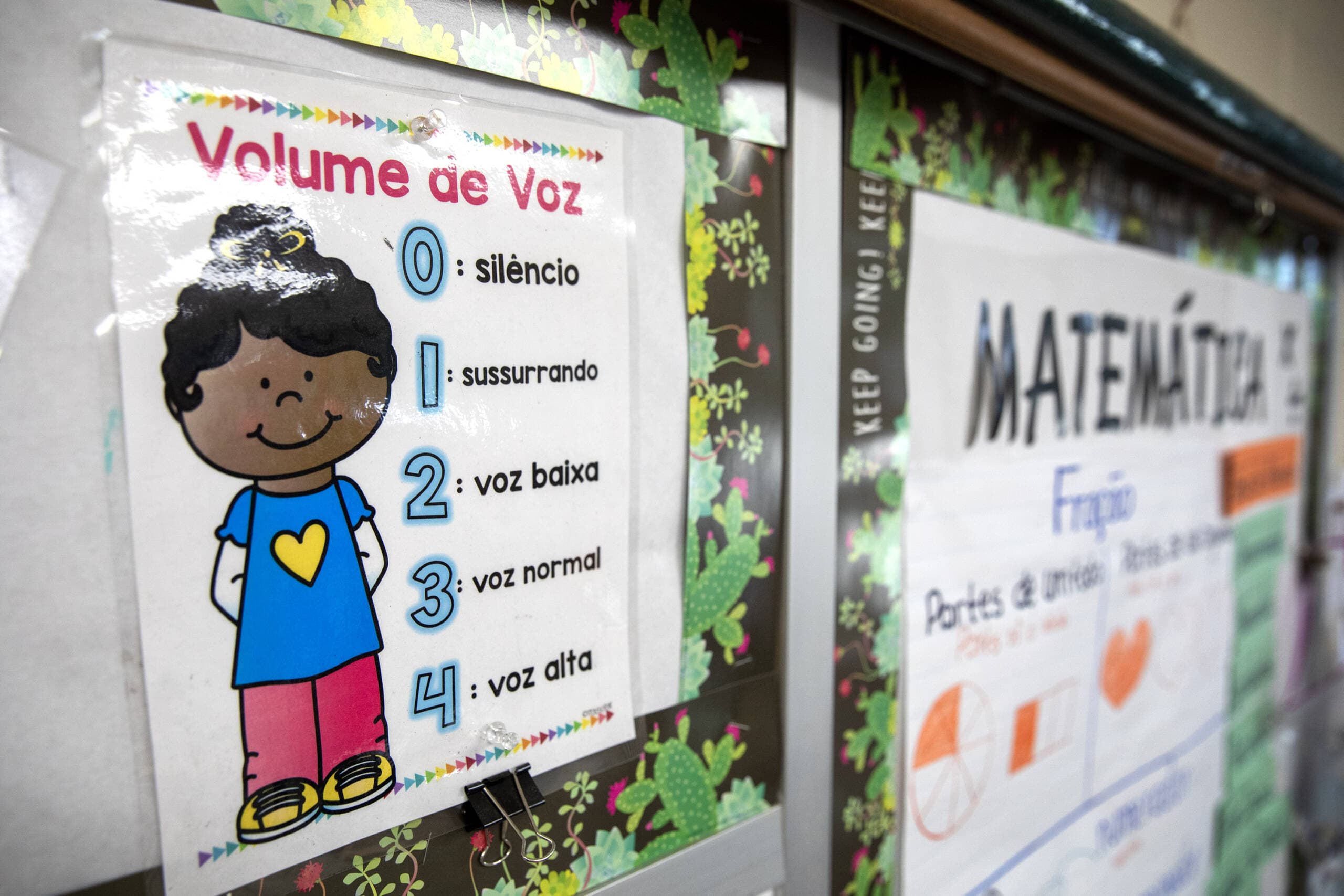 A volume control sign in Juliana Santos's bilingual classroom at Potter Road Elementary School in Framingham. (Robin Lubbock/WBUR)