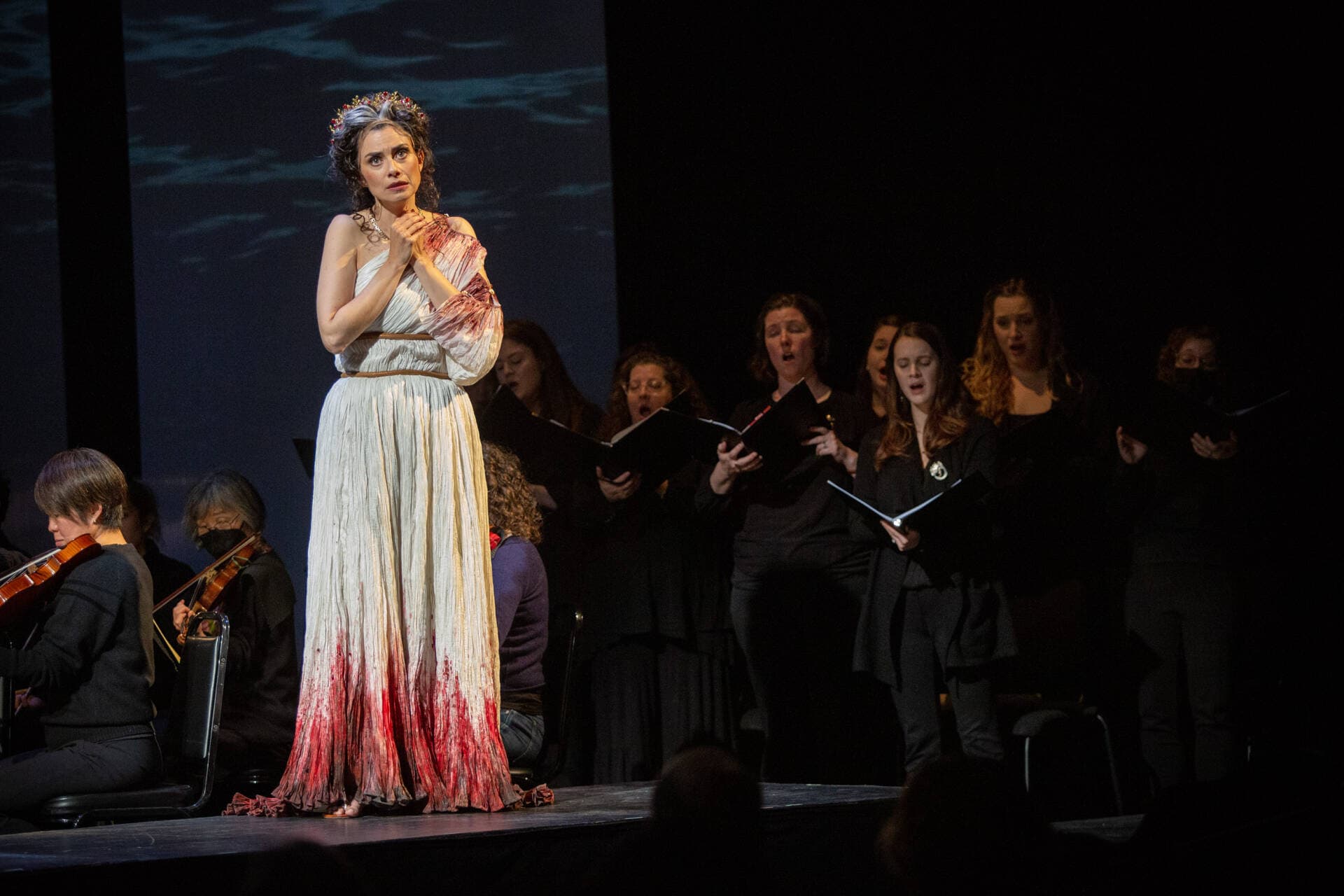 Soula Parassidis plays Iphigénie at a rehearsal of Boston Baroque's production of &quot;Iphigénie en Tauride.&quot; (Robin Lubbock/WBUR)