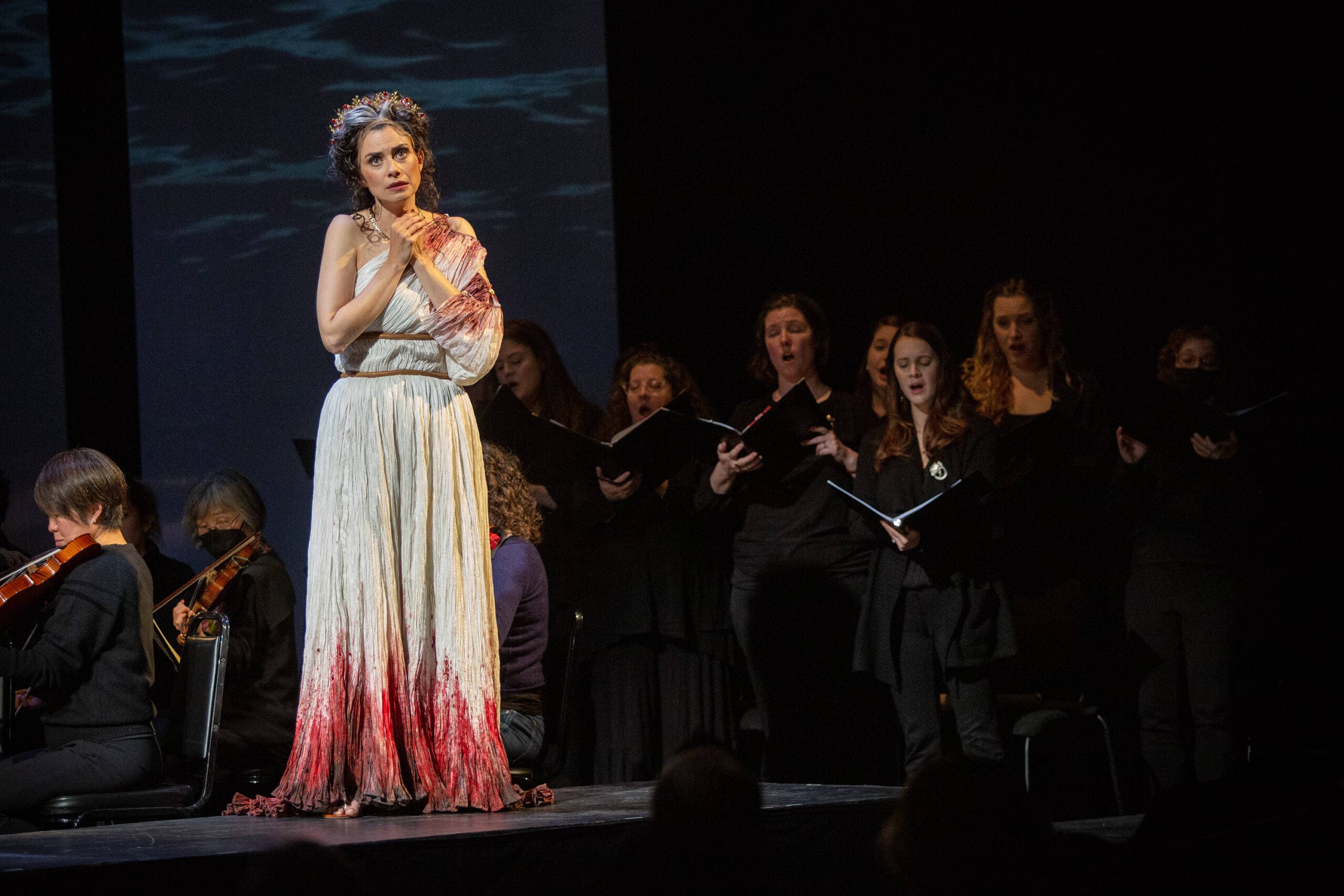 Soula Parassidis plays Iphigénie at a rehearsal of Boston Baroque's production of "Iphigénie en Tauride." (Robin Lubbock/WBUR)