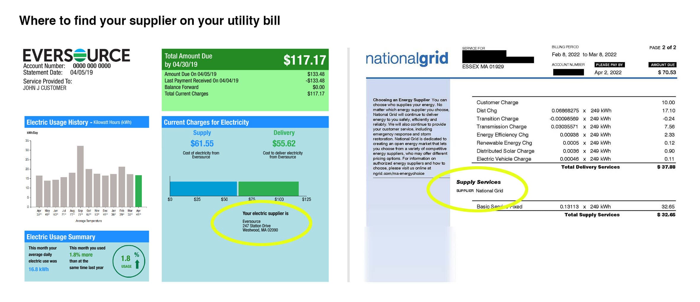 Your electric bill will say who your supplier is, but you might miss it if you don't know what to look for. (Bills courtesy of Eversource and National Grid/Jesse Costa)