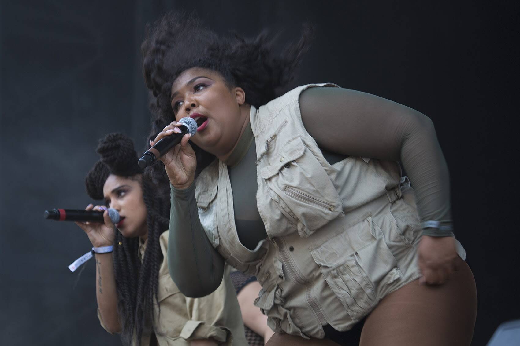 Lizzo with DJ Sophia on stage at the Boston Calling Music Festival 2016. (Jesse Costa/WBUR)