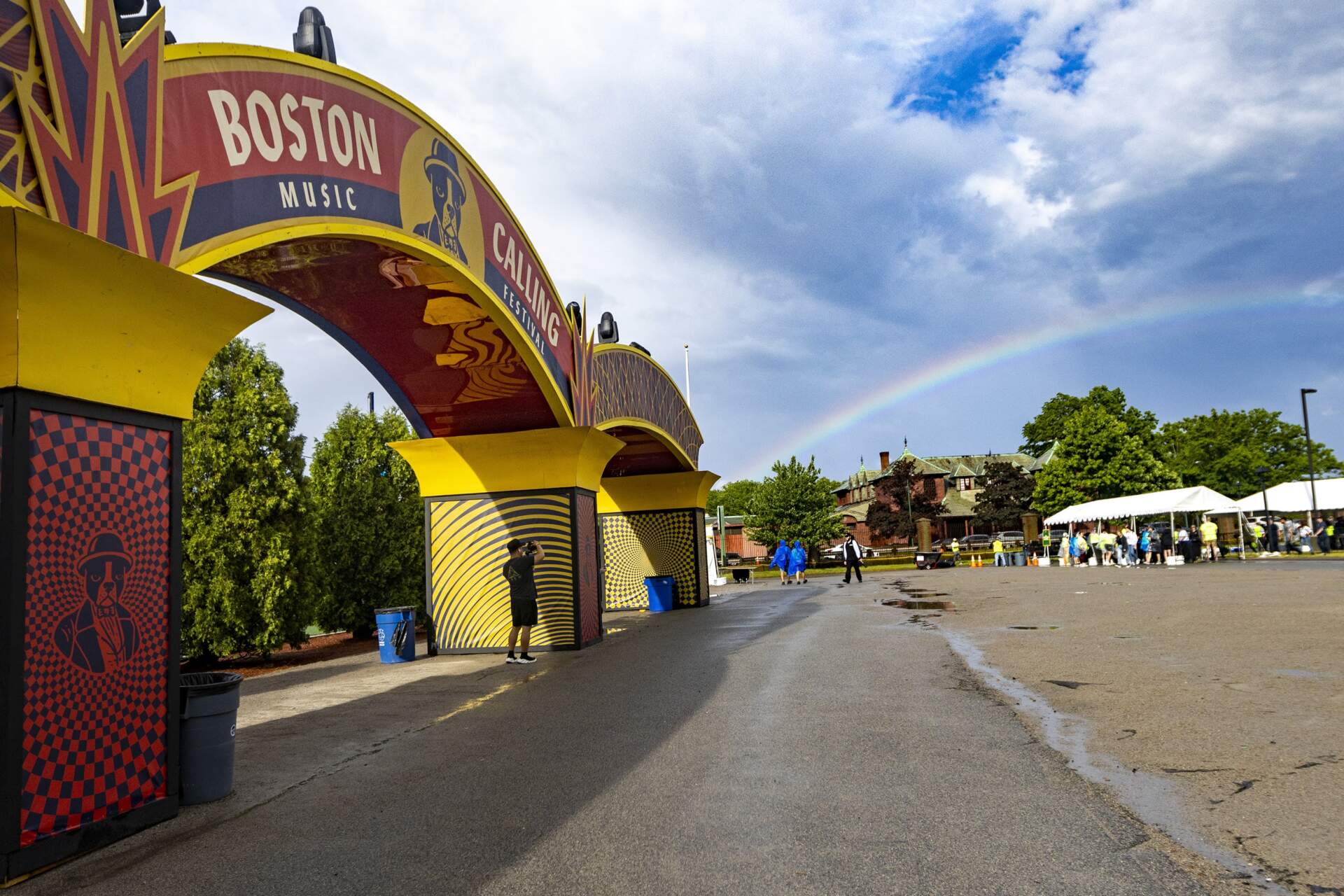 A rainbow appears after a severe thunderstorm rolled through Boston at the 2022 Boston Calling Music Festival. (Jesse Costa/WBUR)
