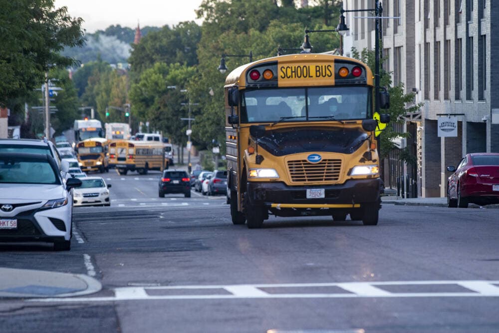 Boston Public Schools did not achieve an on-time bus arrival rate of 95% or better each month this year as specified in the plan, according to state education commissioner Jeff Riley. (Jesse Costa/WBUR)