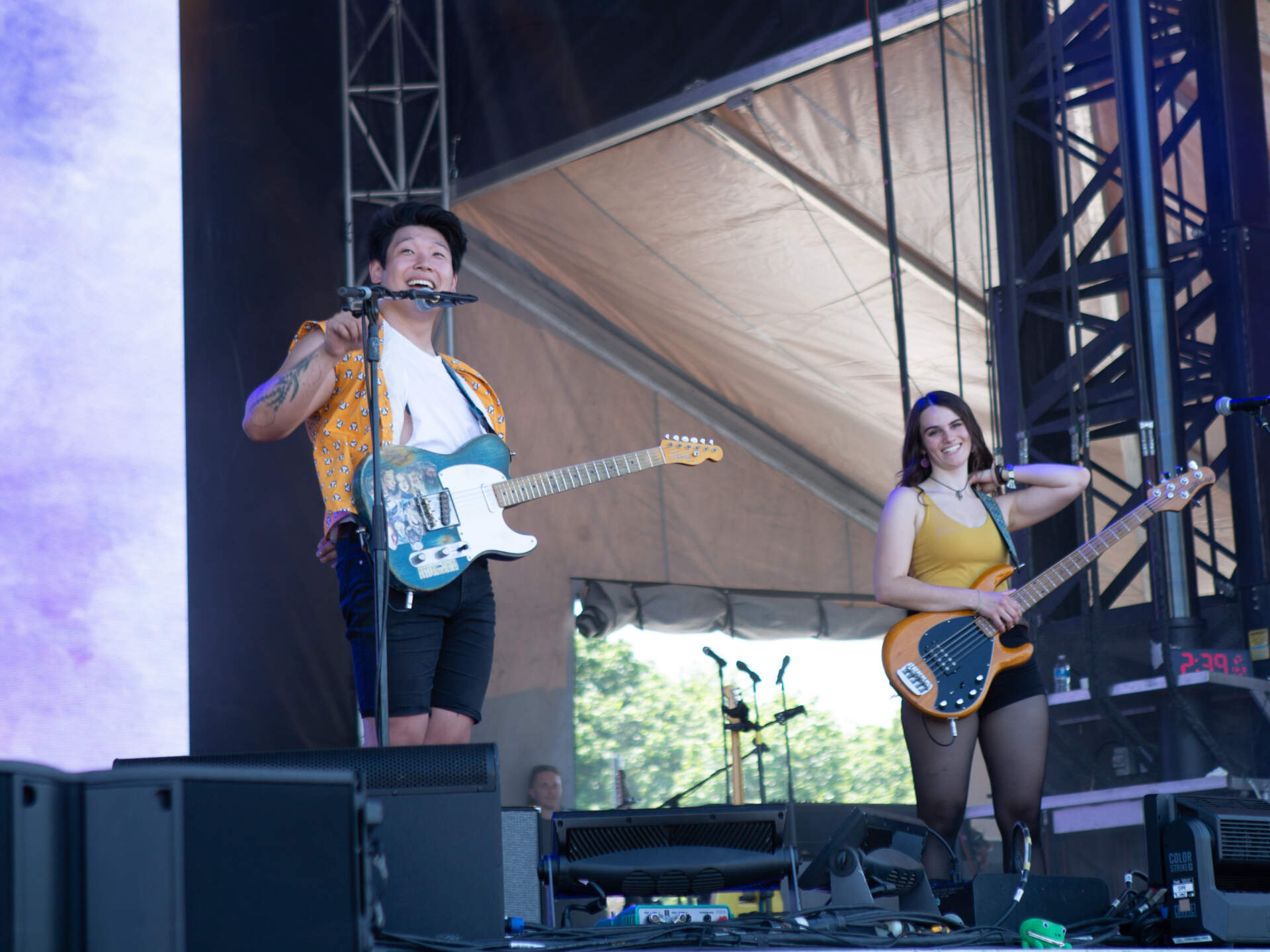 The Q-Tip Bandits Leo Son and Claire Davis embrace the crowd at Day 2 of Boston Calling (Jacob Garcia/WBUR)