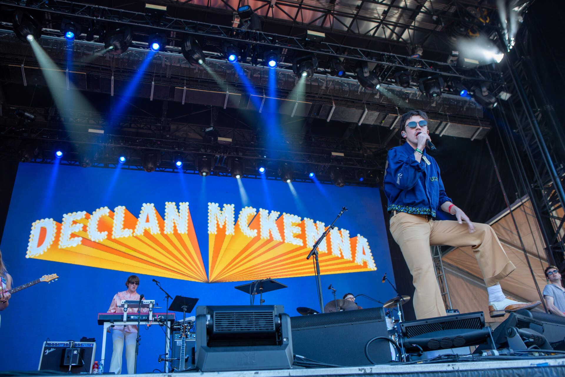 Declan McKenna performs with his band on the Blue Stage at Day 2 of Boston Calling. (Jacob Garcia/WBUR)