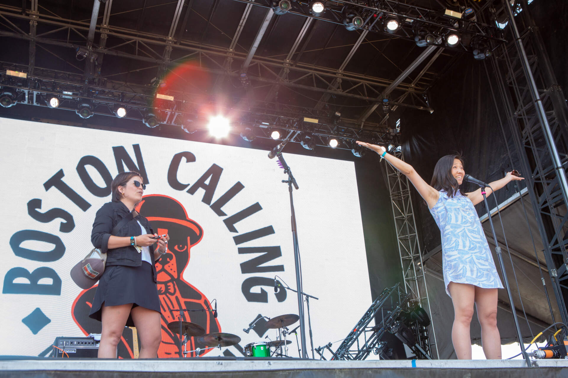 Mayor Michelle Wu takes the Boston Calling Red Stage to introduce The Linda Lindas. (Jacob Garcia/WBUR)