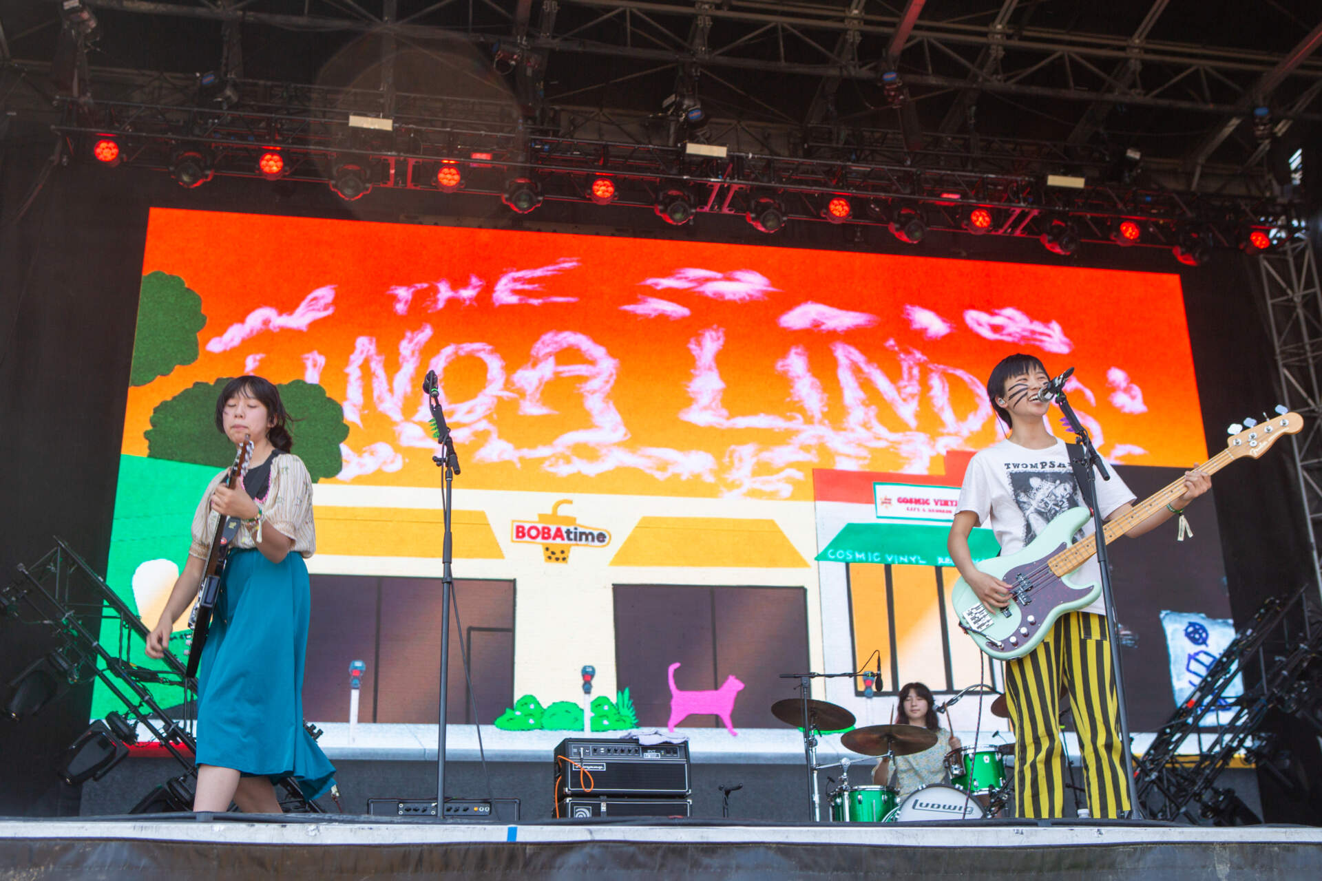 The Linda Lindas perform on the Red Stage at Boston Calling. (Jacob Garcia/WBUR)