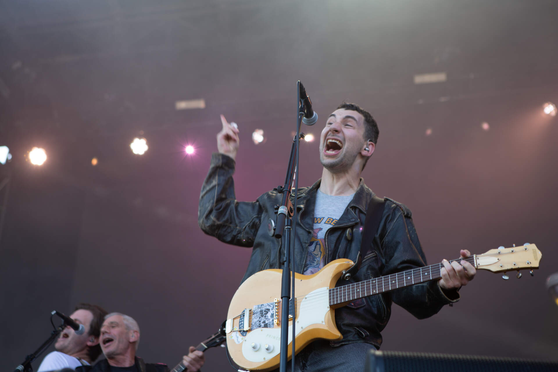 Bleachers frontman Jack Antonoff performs on the Green Stage at Boston Calling. (Jacob Garcia/WBUR)