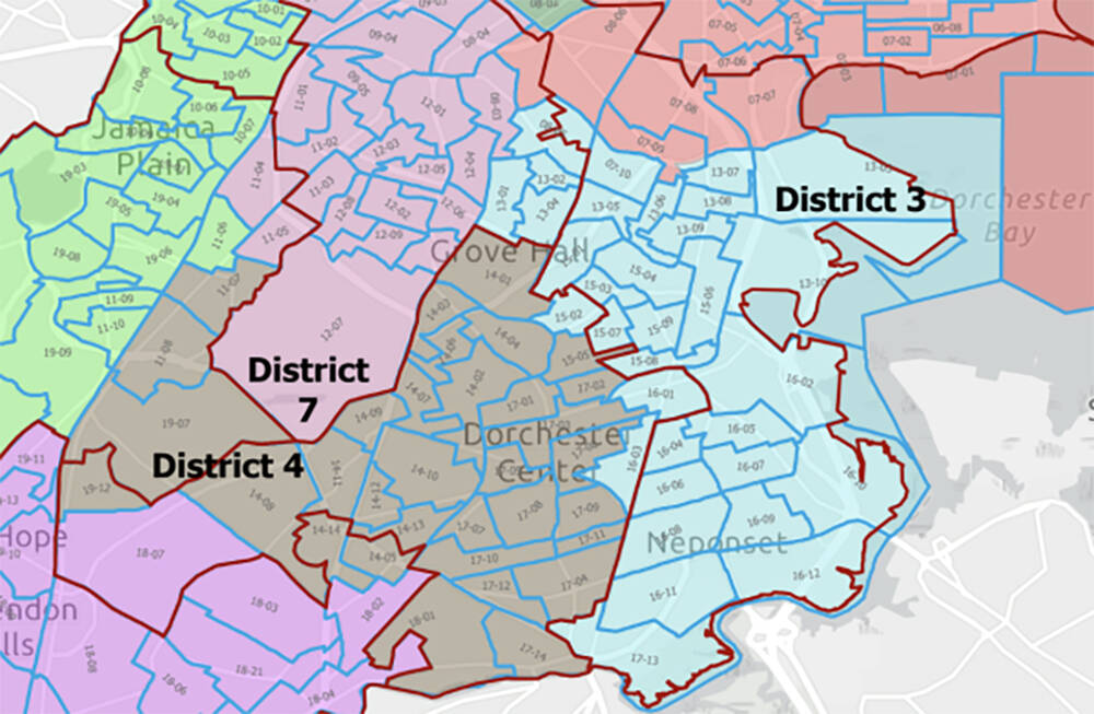 Part of the map proposed by Boston Mayor Michelle Wu. The maroon line marks current districts and the colors mark what’s proposed. (Image via the Dorchester Reporter)