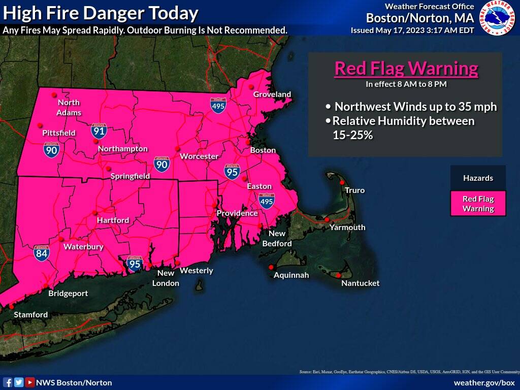 A red flag warning is in effect for most of Massachusetts on Wednesday, 8 a.m. to 8 p.m. (Courtesy National Weather Service)