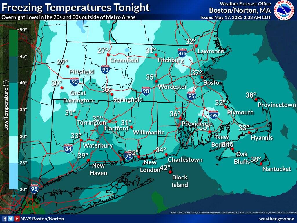 Overnight temperatures during the freeze watch expected Wednesday night into Thursday morning. (Courtesy National Weather Service)