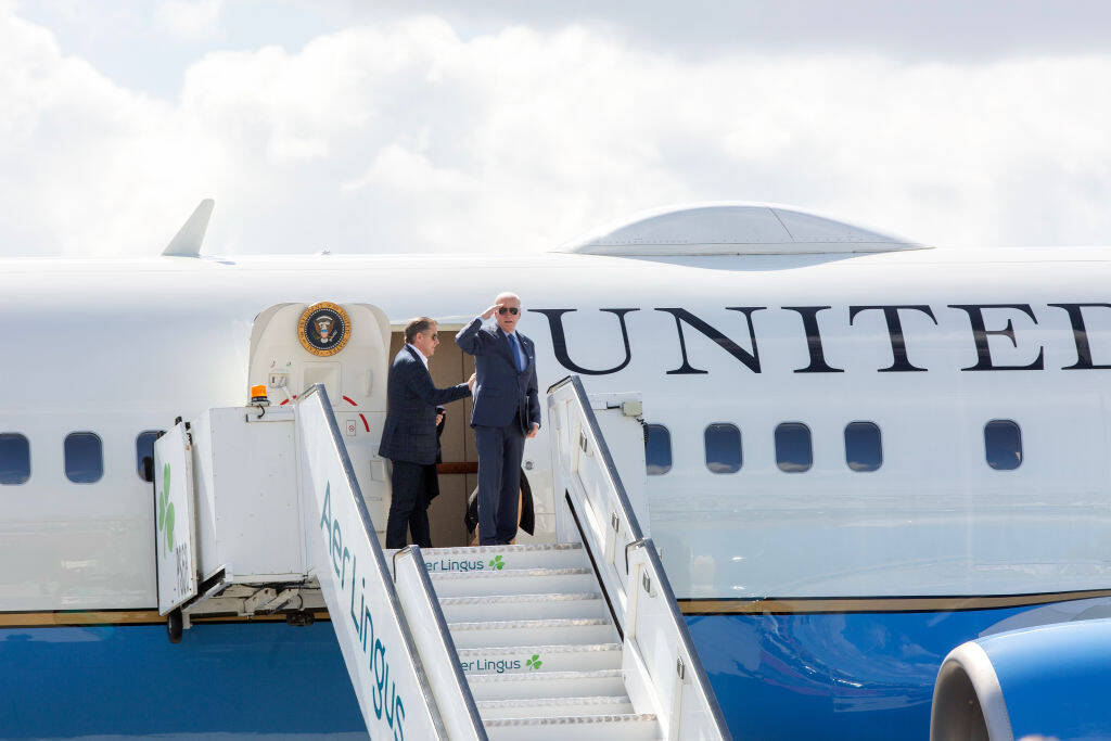 DUBLIN, IRELAND - APRIL 14: In this handout image provided by the Irish Government, US President Joe Biden departs Dublin Airport on Air Force One with his sister Valerie and son Hunter on April 14, 2023 in Dublin, Ireland. US President Joe Biden has travelled to Northern Ireland and Ireland with his sister Valerie Biden Owens and son Hunter Biden to explore his family's Irish heritage and mark the 25th Anniversary of the Good Friday Peace Agreement. (Photo by Julien Behal/Irish Government via Getty Images)