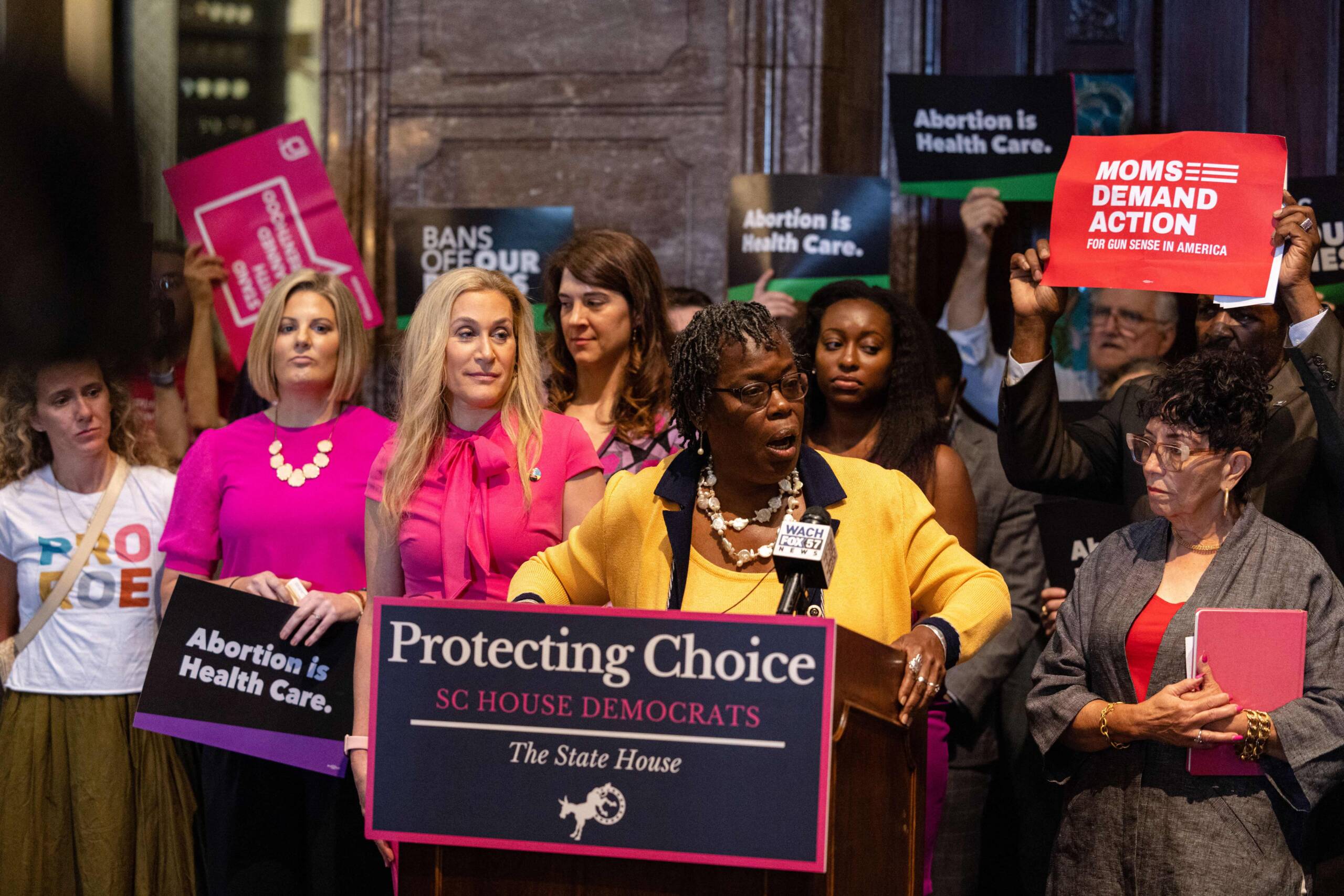 Abortion rights advocates and lawmakers hold a press conference before debate of a bill that would restrict abortions after six weeks, at the South Carolina State House in Columbia, South Carolina, on May 16, 2023. (Logan Cyrus/AFP via Getty Images)