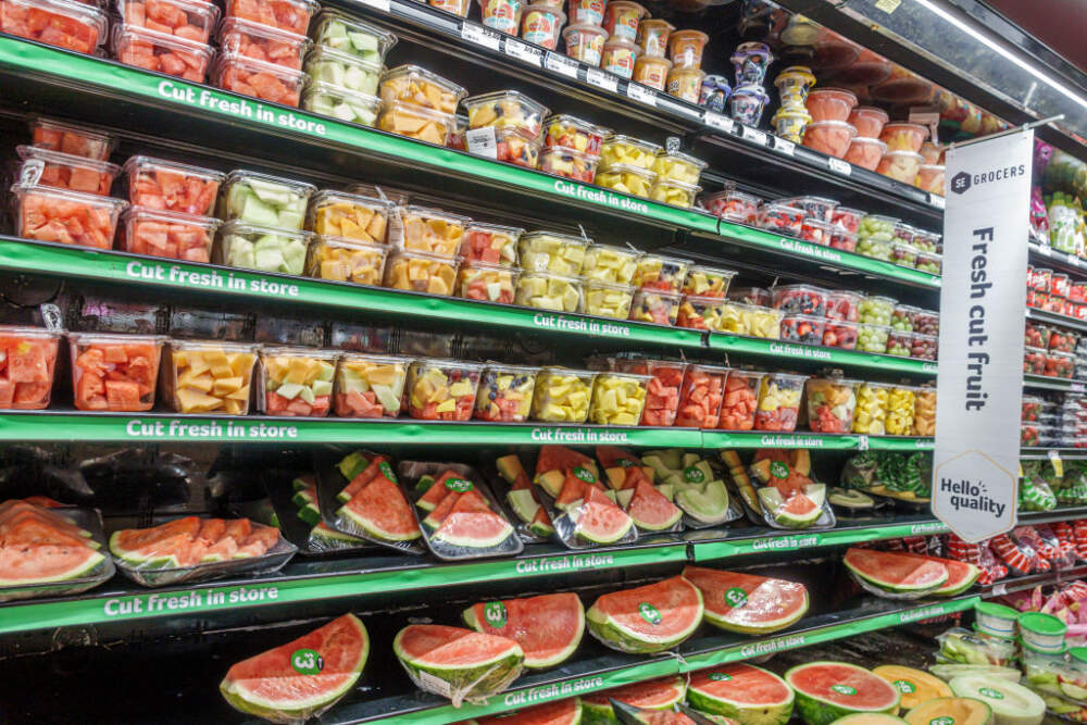 At a Winn-Dixie grocery store in Miami, Florida, fresh cut fruit for sale in refrigerated case. (Jeffrey Greenberg/UCG via Getty Images)