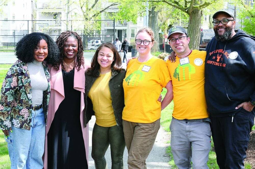 Georine Pierre, of the Black Forest project, Councillor Ruthzee Louijeune, Cynthia Loesch Johnson of Codman Square Neighborhood Council, Claire Corcoran of Speak For the Trees, David Meshoulam of Speak For The Trees, and Jerel Ferguson of Speak For The Trees at a tree planting. (Seth Daniel/Dorchester Reporter)