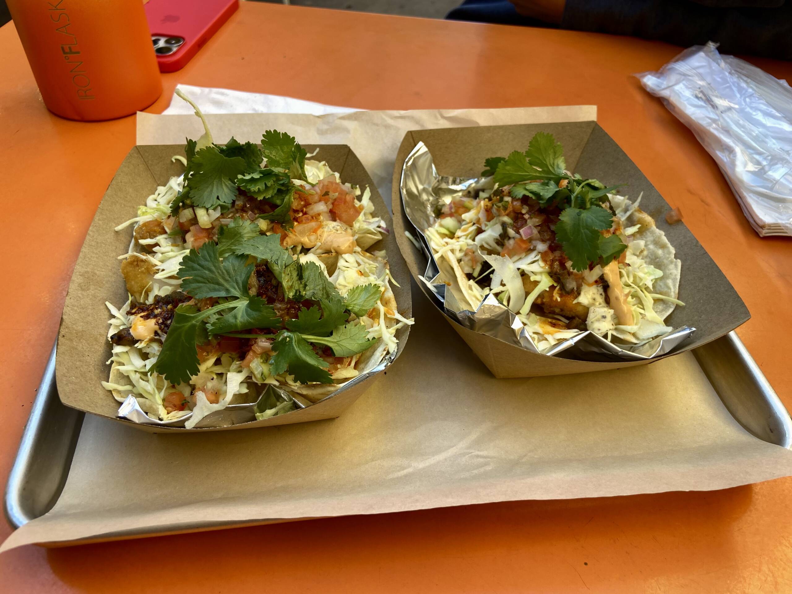 Fish tacos from Angry Egrette in Chinatown. (Kathy Gunst/Here & Now)