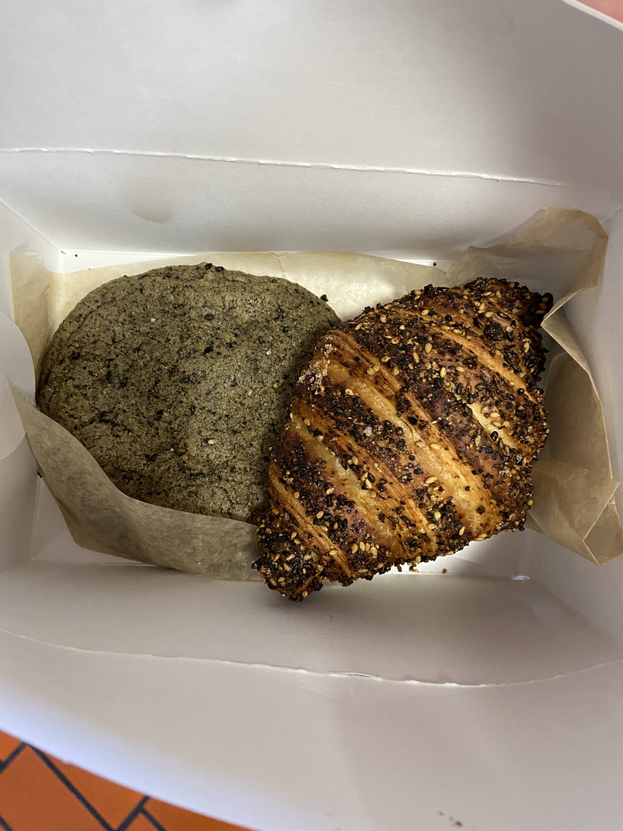 A furikake croissant and black sesame cookie from Baker's Bench. (Kathy Gunst/Here & Now)