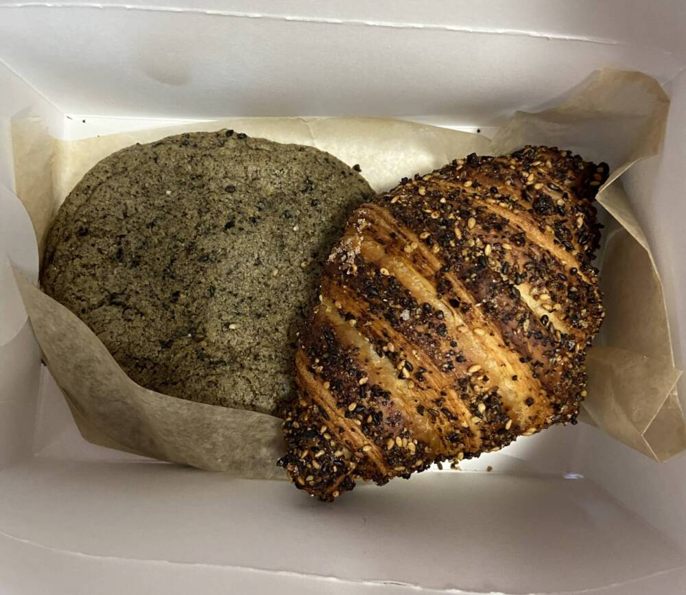 A furikake croissant and black sesame cookie from Baker's Bench. (Kathy Gunst/Here & Now)