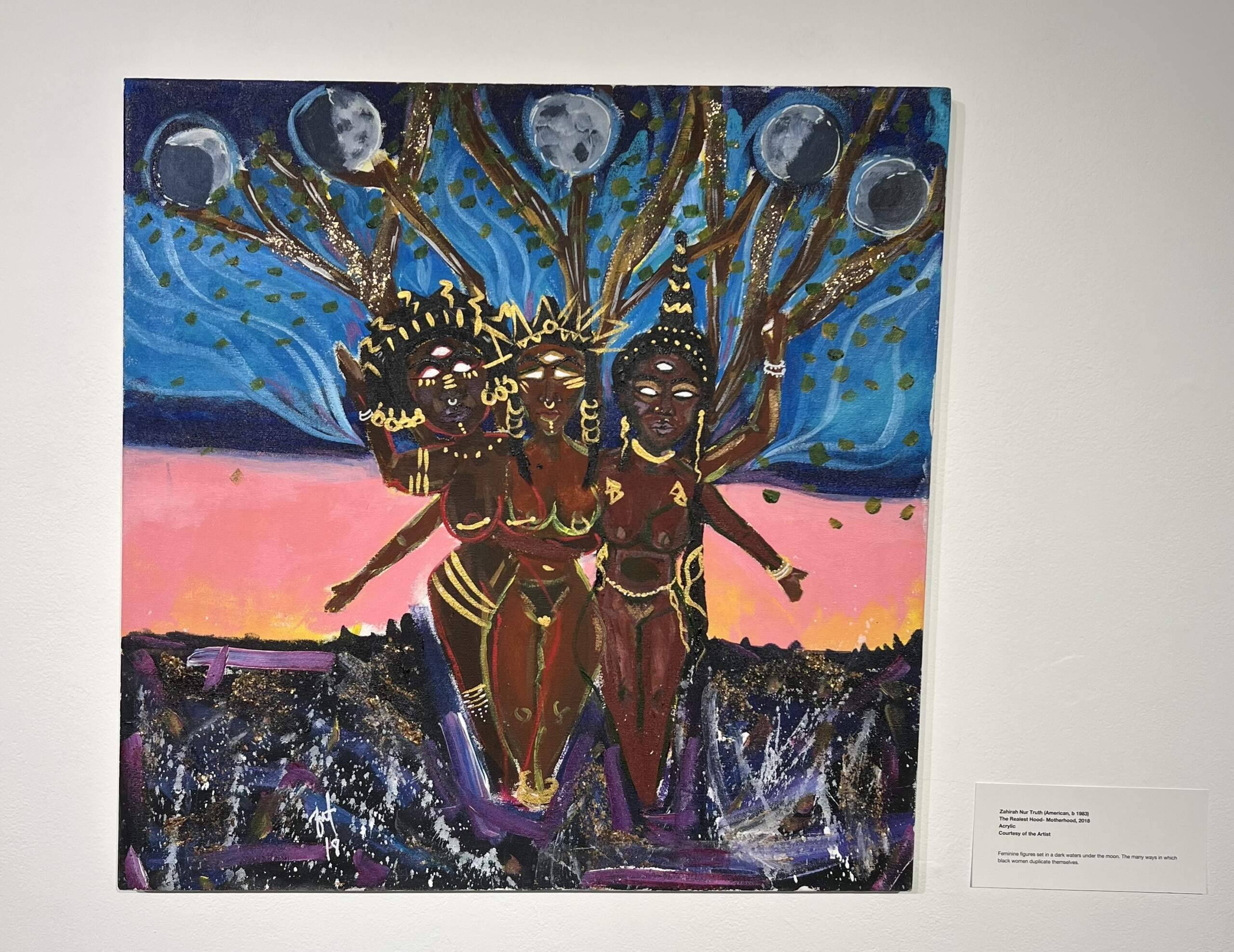 The Realest Hood - Motherhood, by Zahirah Nur Truth. This piece is part of the Black Joy exhibit at the Piano Craft Gallery, (Cristela Patricia Guerra/WBUR)
