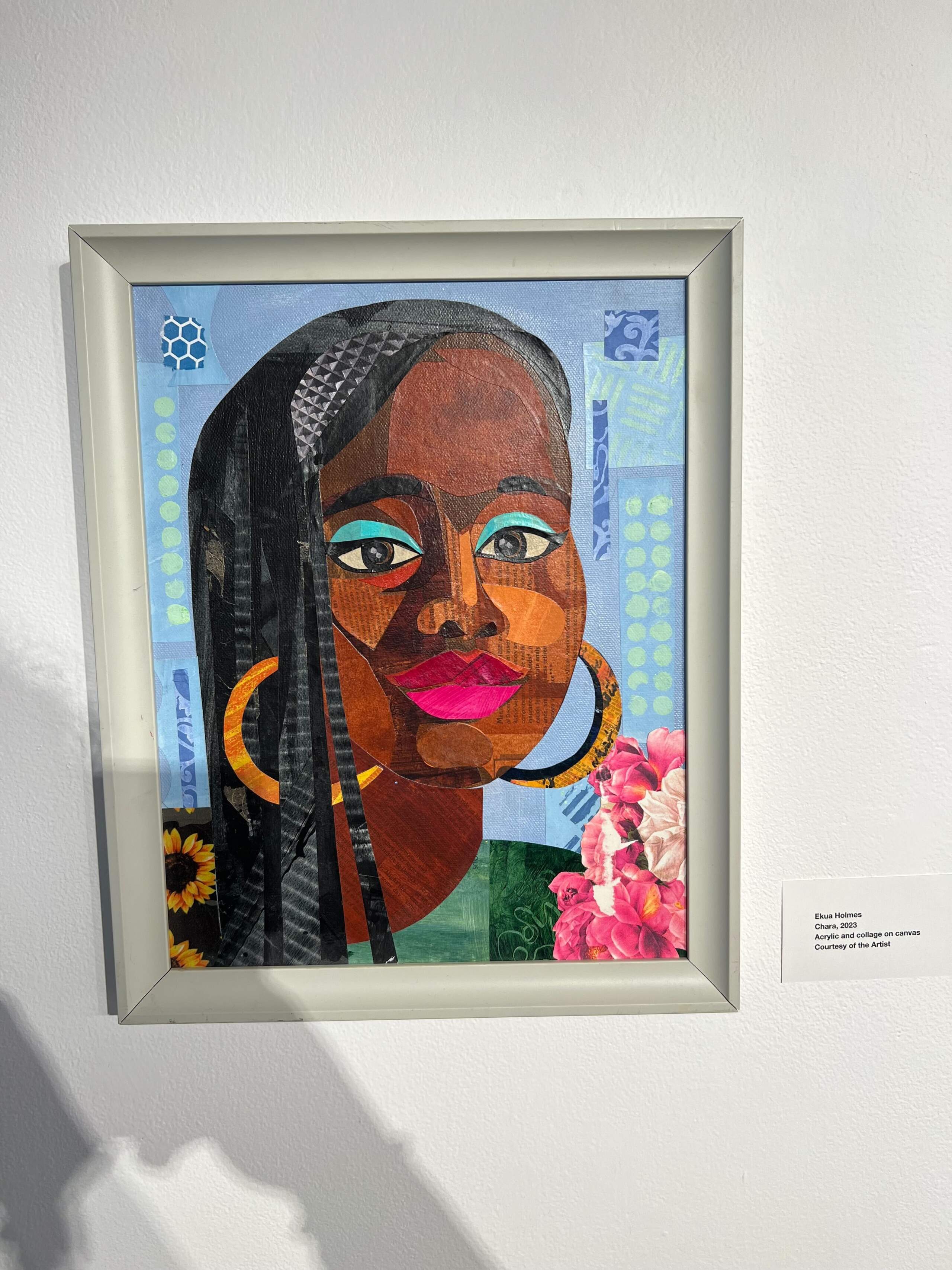 Chara, by Ekua Holmes. This piece is part of the Black Joy exhibit at the Piano Craft Gallery, (Cristela Patricia Guerra/WBUR)