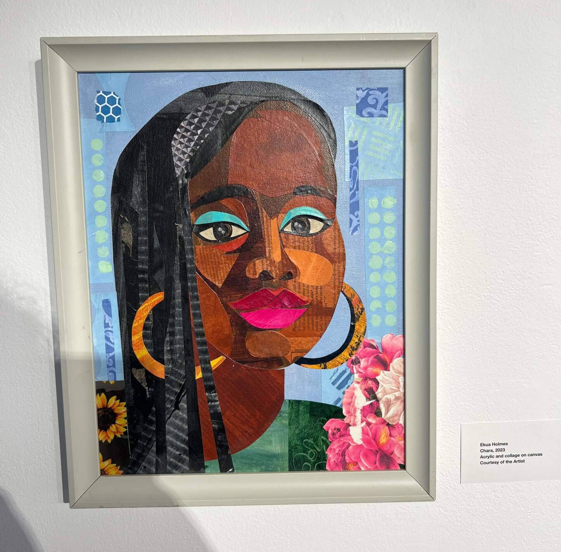 Chara, by Ekua Holmes. This piece is part of the Black Joy exhibit at the Piano Craft Gallery, (Cristela Patricia Guerra/WBUR)