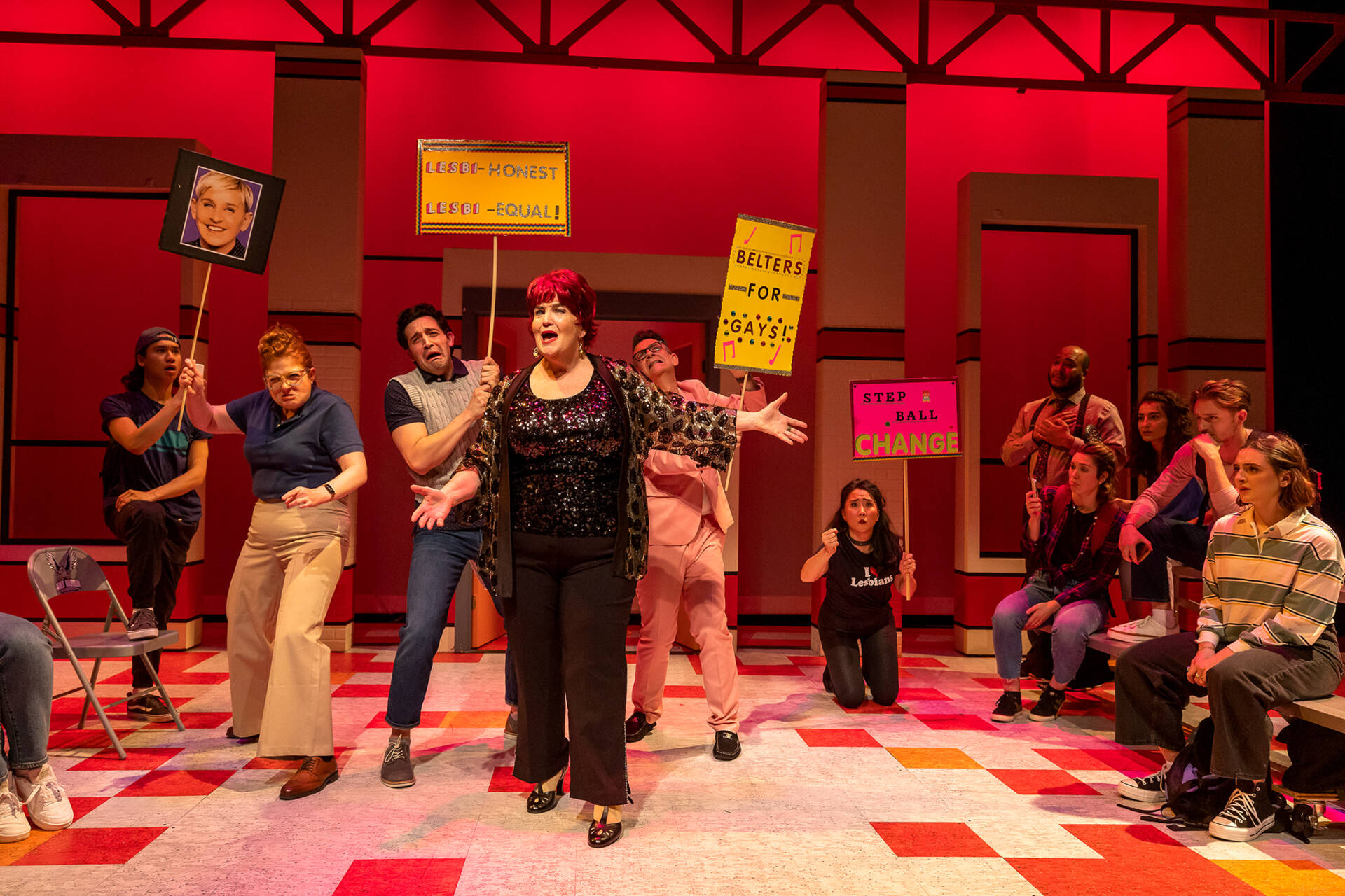 Mary Callanan (center) and the cast of SpeakEasy Stage's production of &quot;The Prom.&quot; (Courtesy Nile Scott Studios)