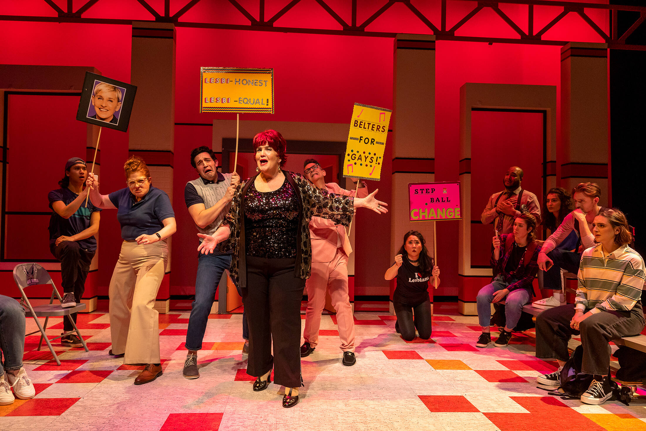 Mary Callanan (center) and the cast of SpeakEasy Stage's production of "The Prom." (Courtesy Nile Scott Studios)