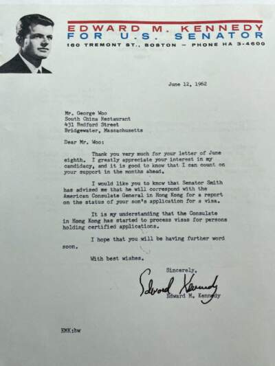 A letter to the author's grandfather from Senator Ted Kennedy. (Courtesy Margaret Woo)