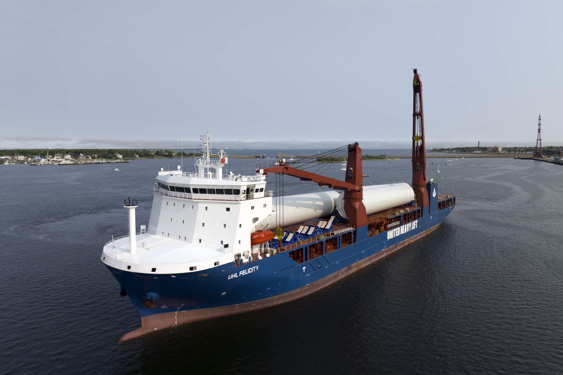 The ship UHL Felicity, carrying massive parts for offshore wind turbines, arrives to dock on May 24, 2023, in New Bedford, Massachusetts. (Rodrique Ngowi/AP)