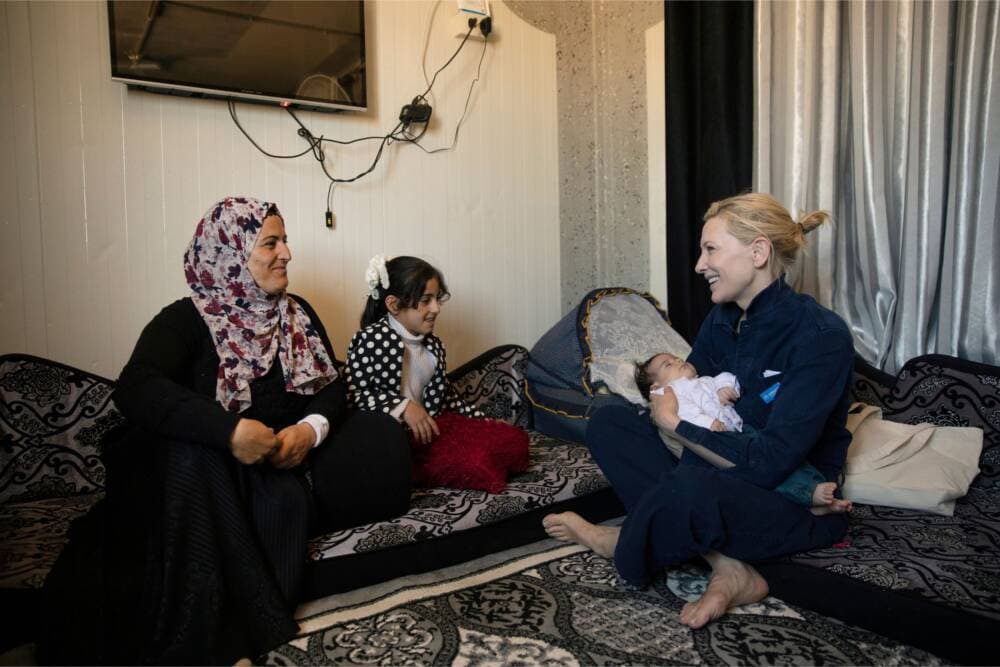 UNHCR goodwill ambassador Cate Blanchett visiting a Syrian family. (Courtesy of Caroline Irby for UNHCR)