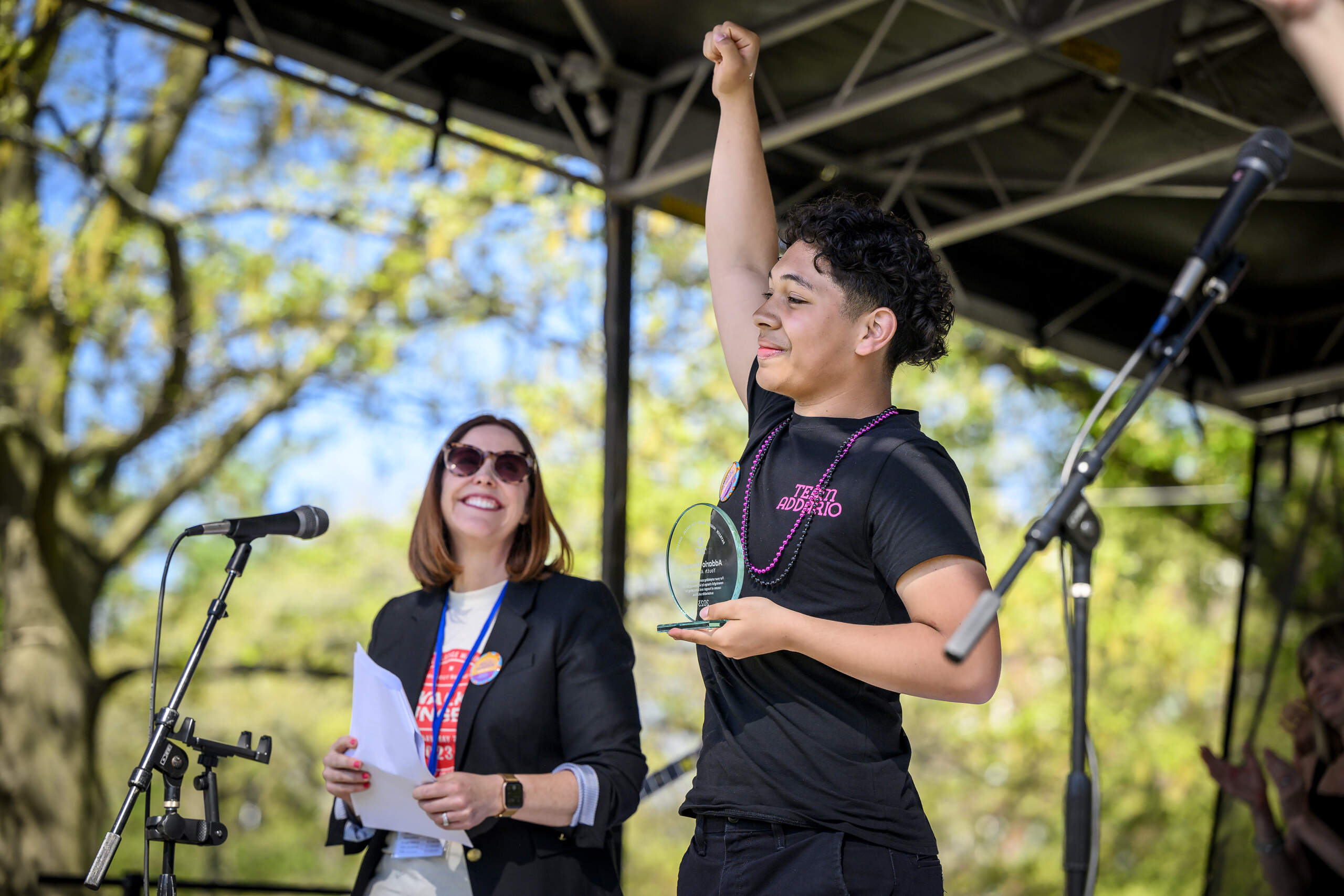 The author accepts Project Bread’s Patrick Hughes Award for Social Justice from Project Bread CEO Erin McAleer on May 7, 2023. (David Leifer Photography/Project Bread)